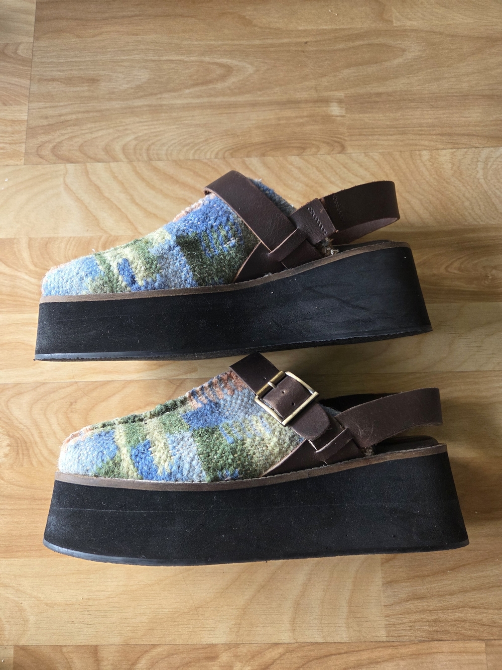 Free People Blue & Green Patterned Platform Clogs with Brown Leather Strap - Picture 2 of 8